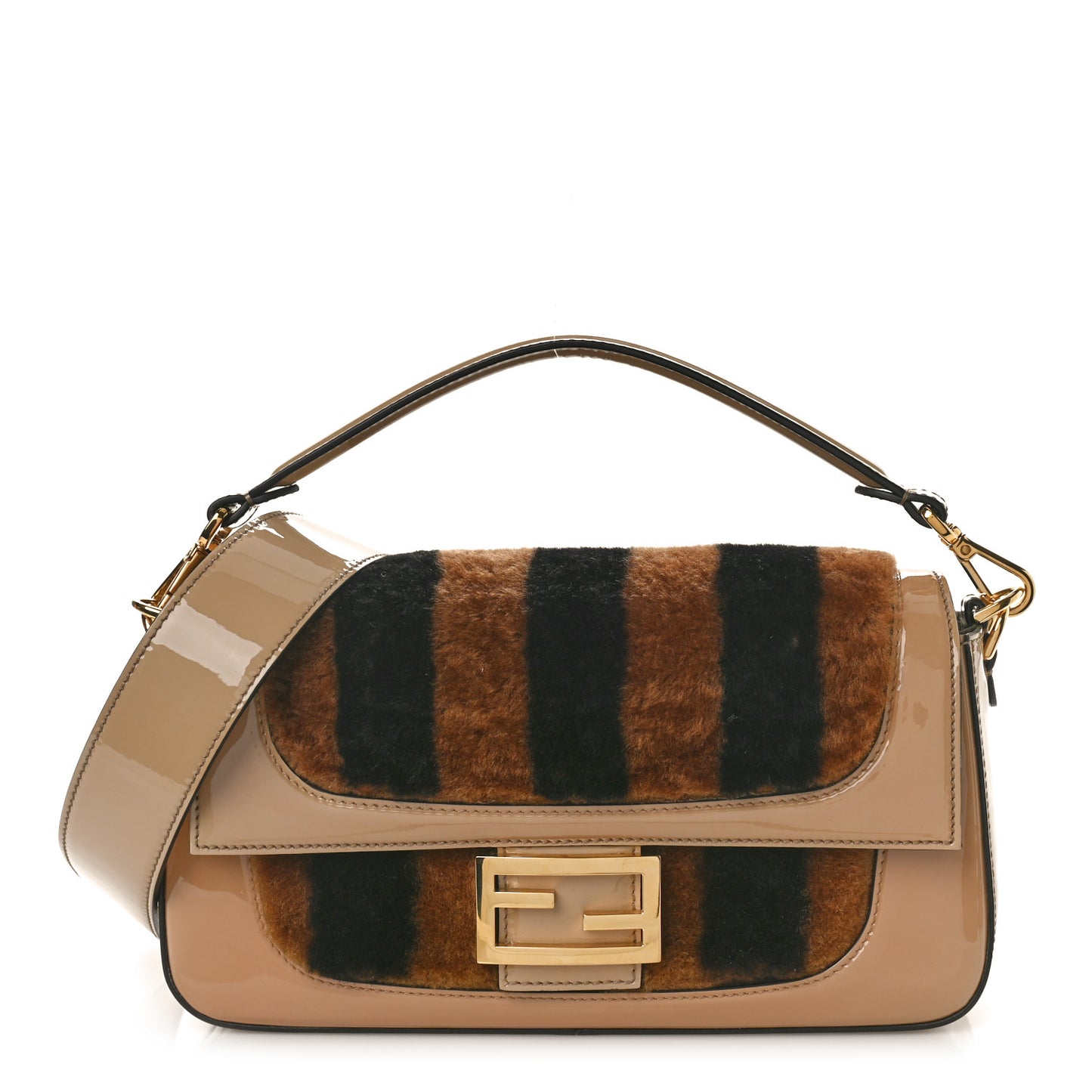 Shearling Patent Pequin Striped Baguette Tobacco Black Tortora
