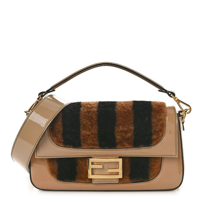 Fendi Shearling Patent Pequin Striped Baguette Tobacco Black Tortora 1 of 8