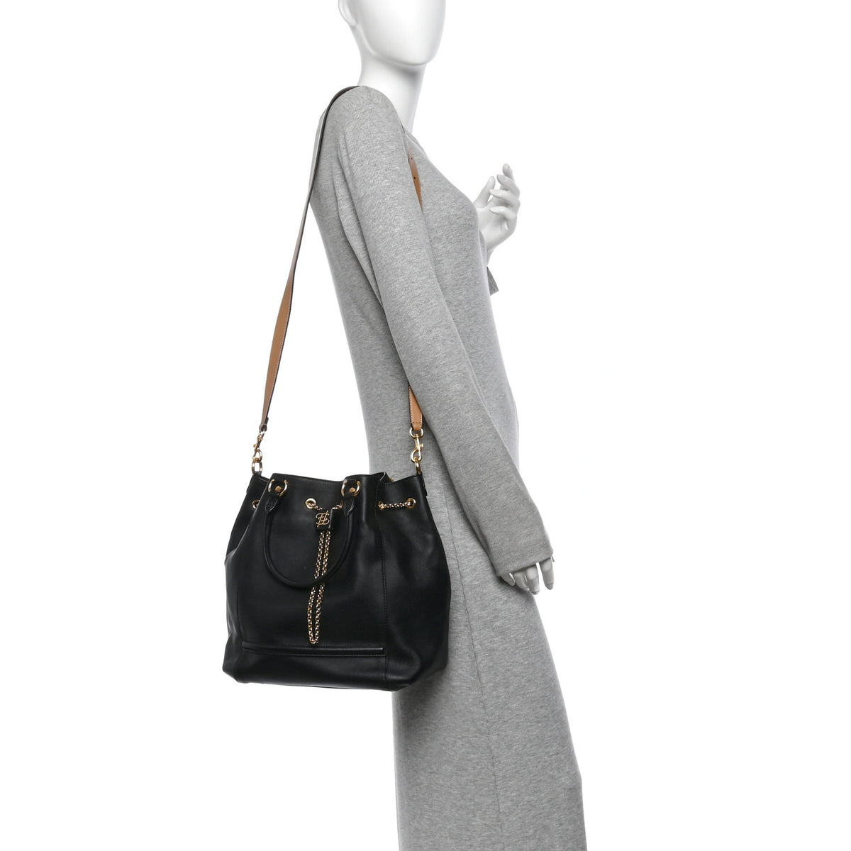 Vitello Grace King Karligraphy Chain Bucket Bag  Black Bisquit