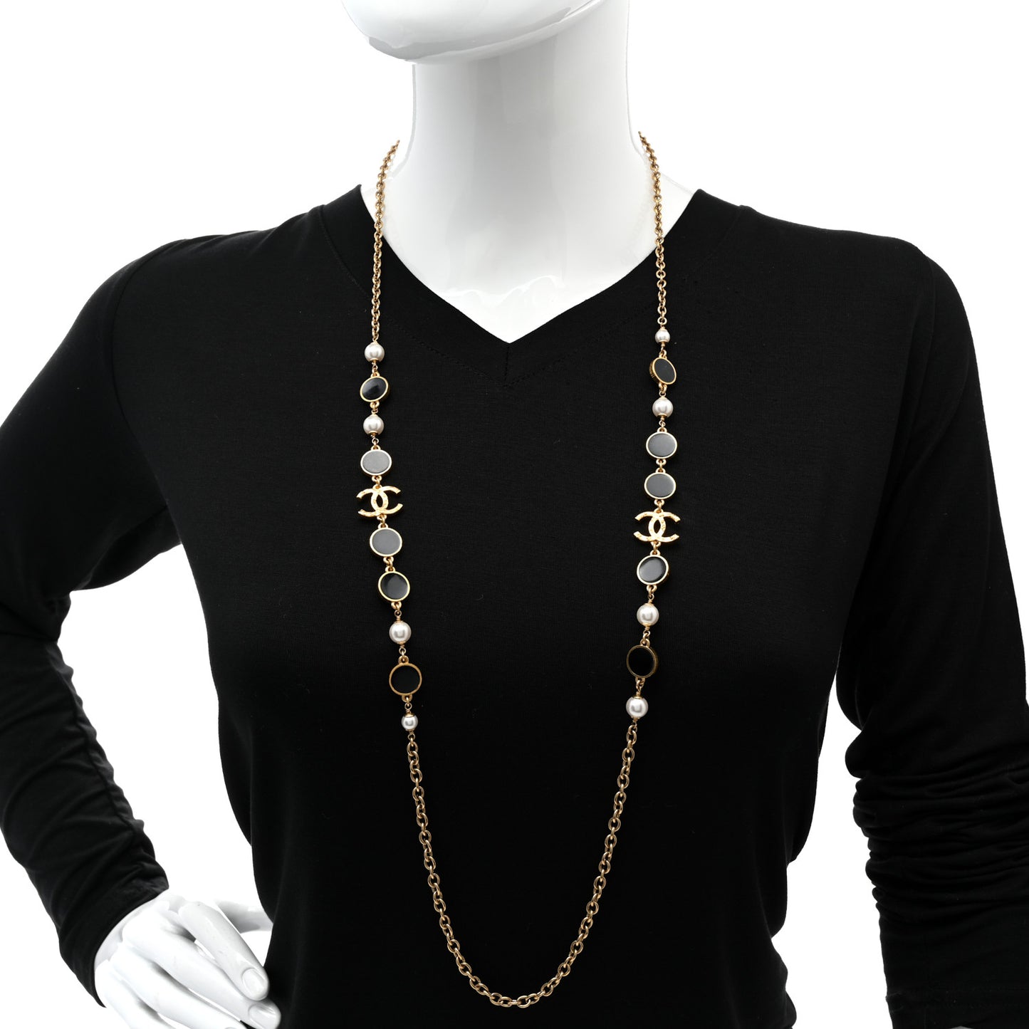 Pearl Resin CC Long Necklace Gold Black