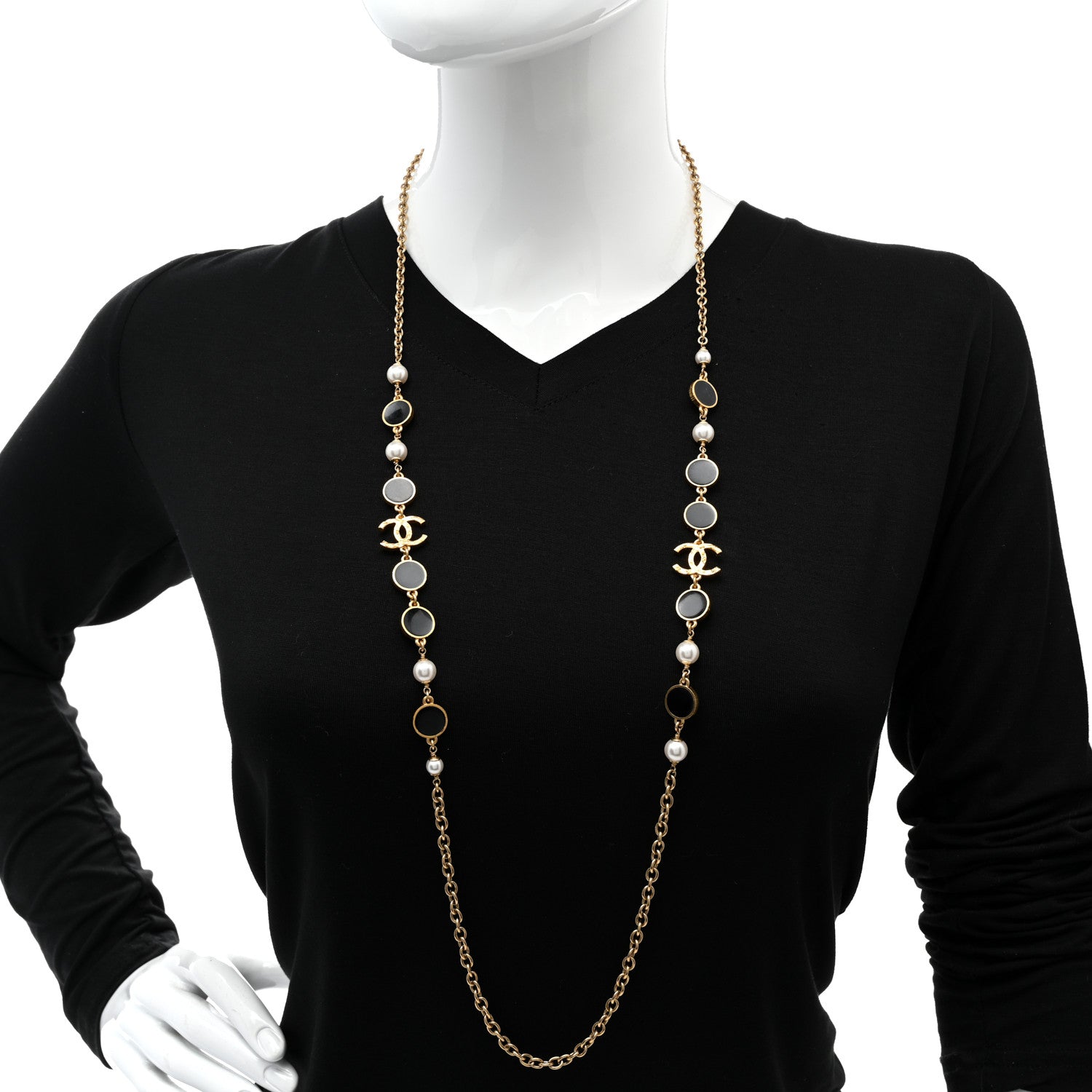 Chanel Pearl Resin CC Long Necklace Gold Black 2 of 6