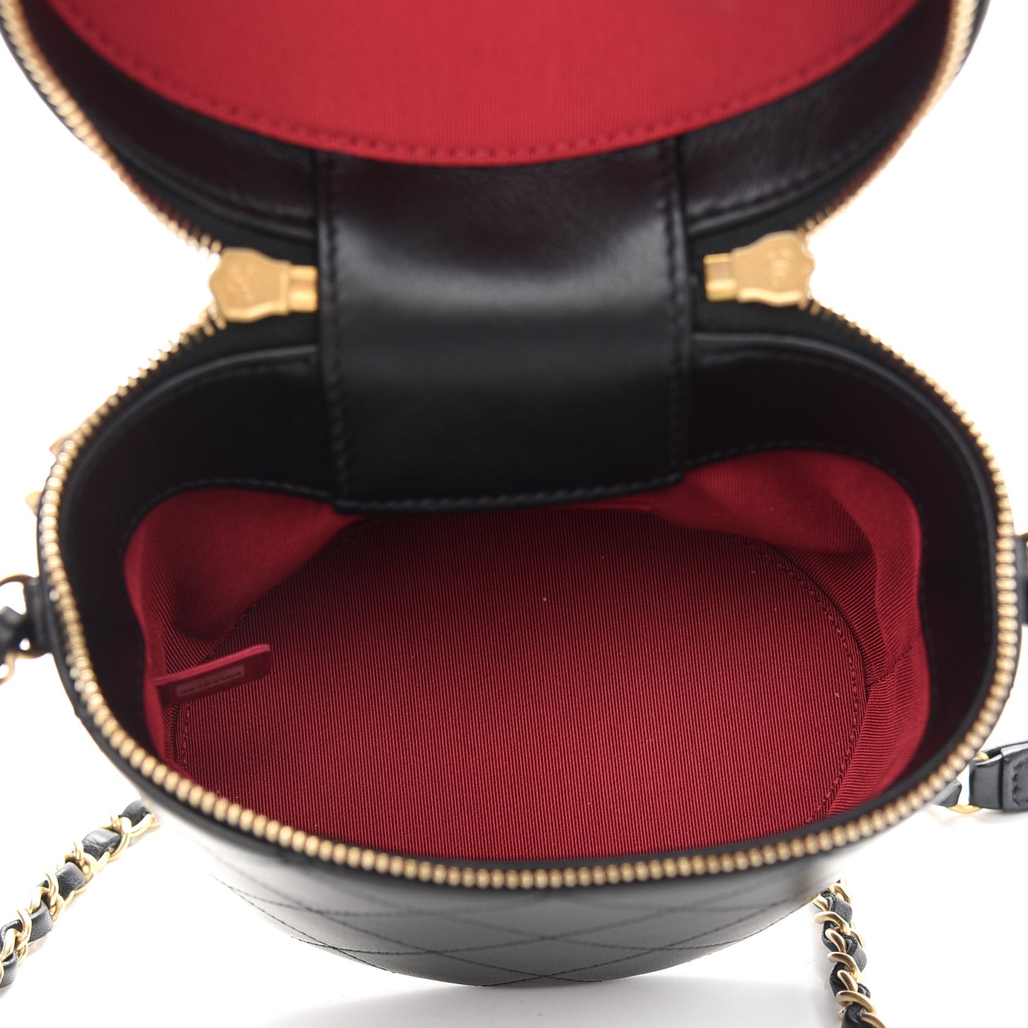 Lambskin Quilted Top Handle Round Logo Vanity Case With Chain Black