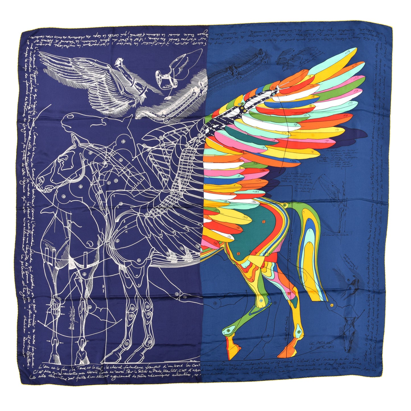 Silk Le Pegase d'Hermes Cut Wash 140 Scarf Marine Jaune Vif Multicolore
