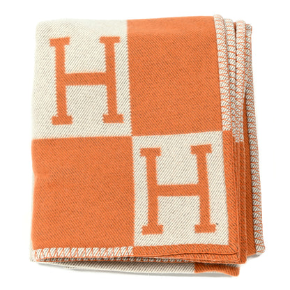 Hermes Wool Cashmere Signature Classic Avalon Blanket Ecru Potiron 1 of 3