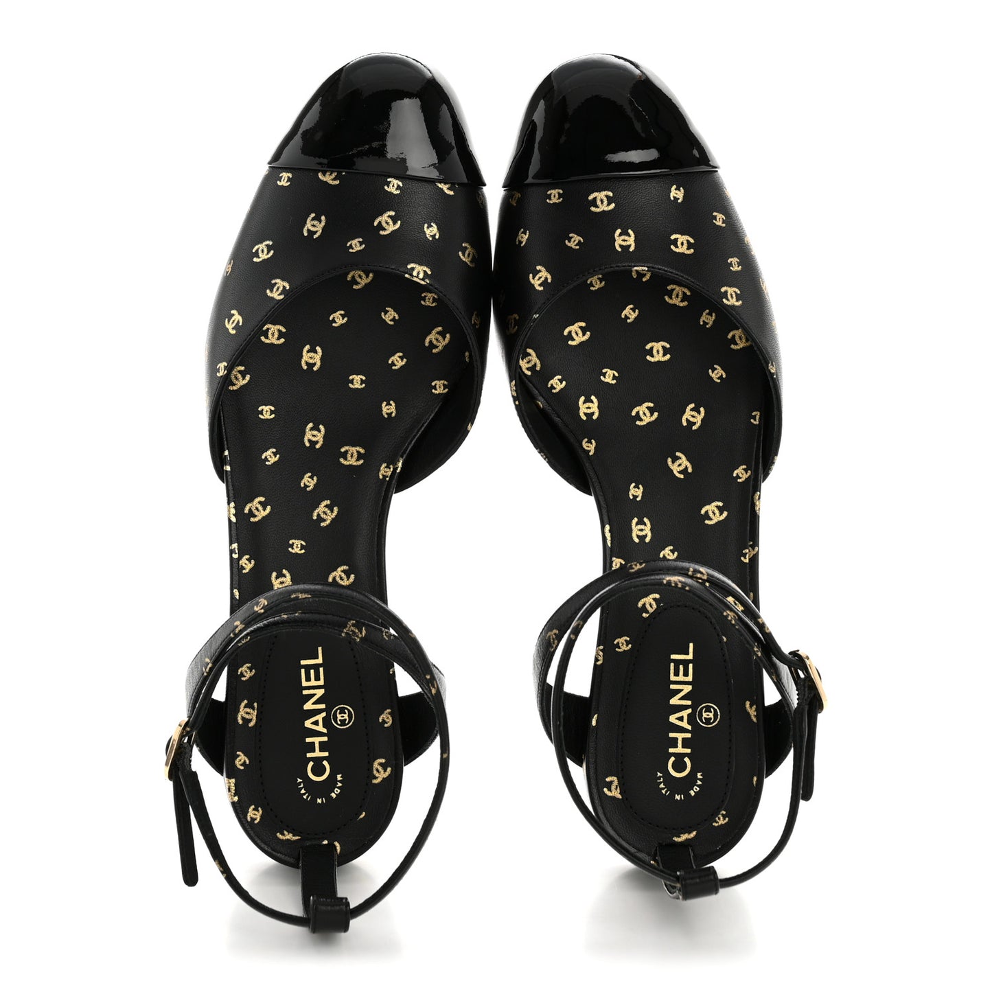 Printed Lambskin Patent Calfskin Cap Toe CC Slingbacks 36.5 Black Gold