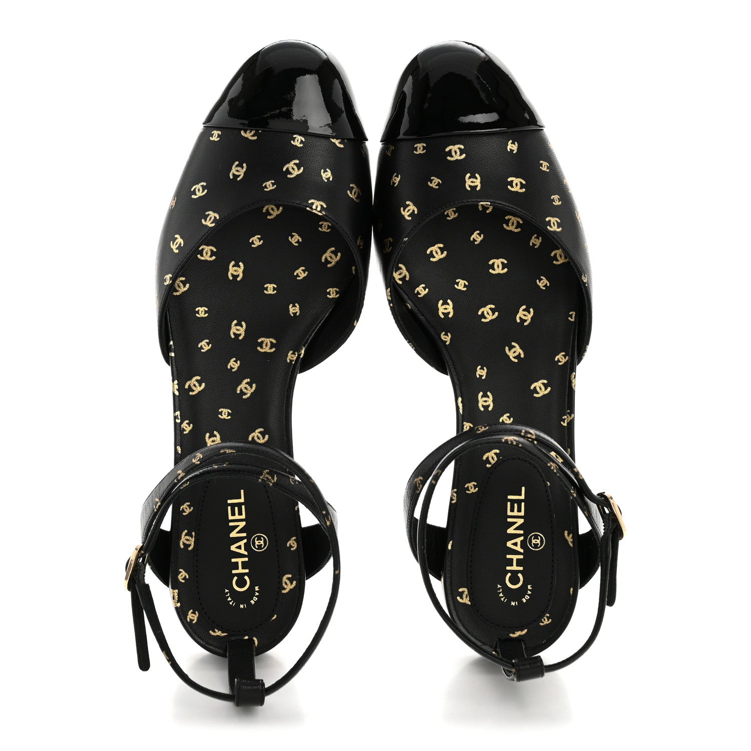 Chanel Printed Lambskin Patent Calfskin Cap Toe CC Slingbacks 36.5 Black Gold 2 of 10
