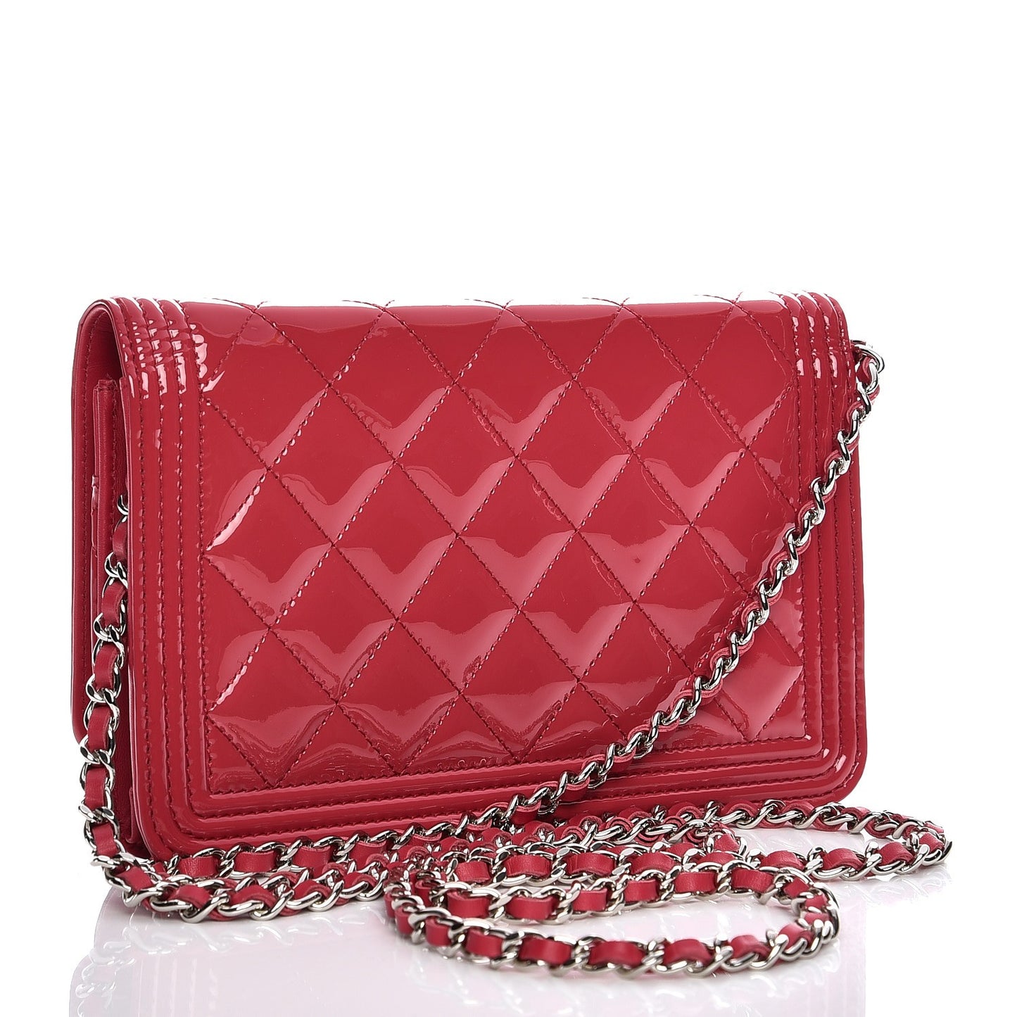 Patent Calfskin Quilted Boy Wallet On Chain WOC Pink