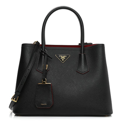 Prada Saffiano Cuir Medium Double Bag Black Fuoco 1 of 7