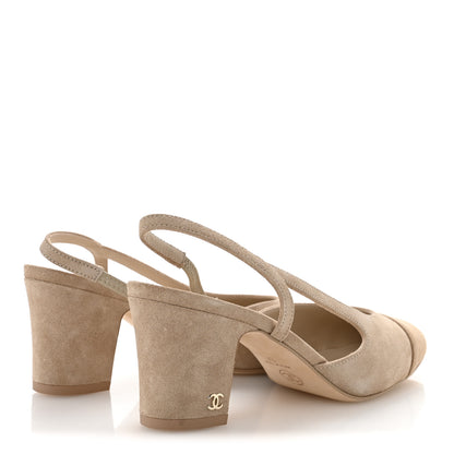Chanel Suede Cap Toe CC Slingback Pumps 37 Ivory Light Beige 5 of 10