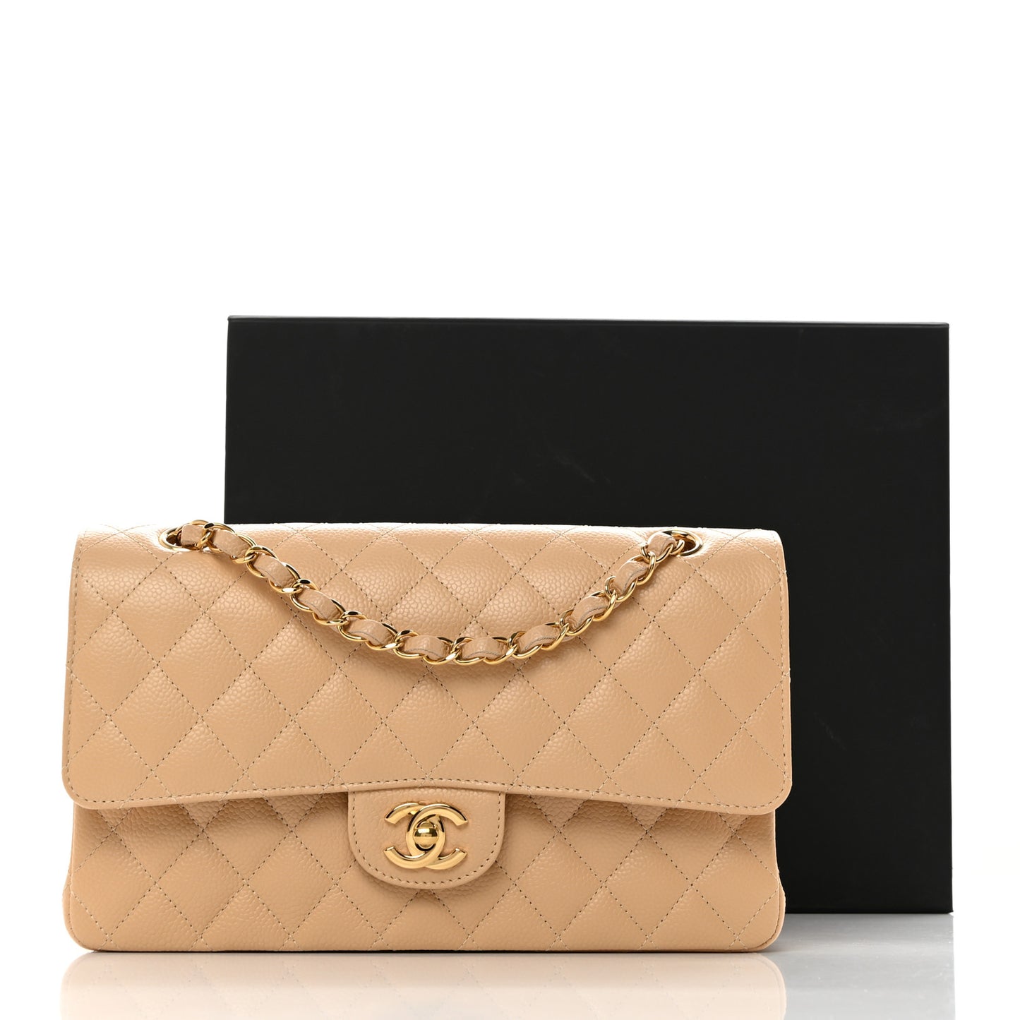 Caviar Quilted Medium Double Flap Beige