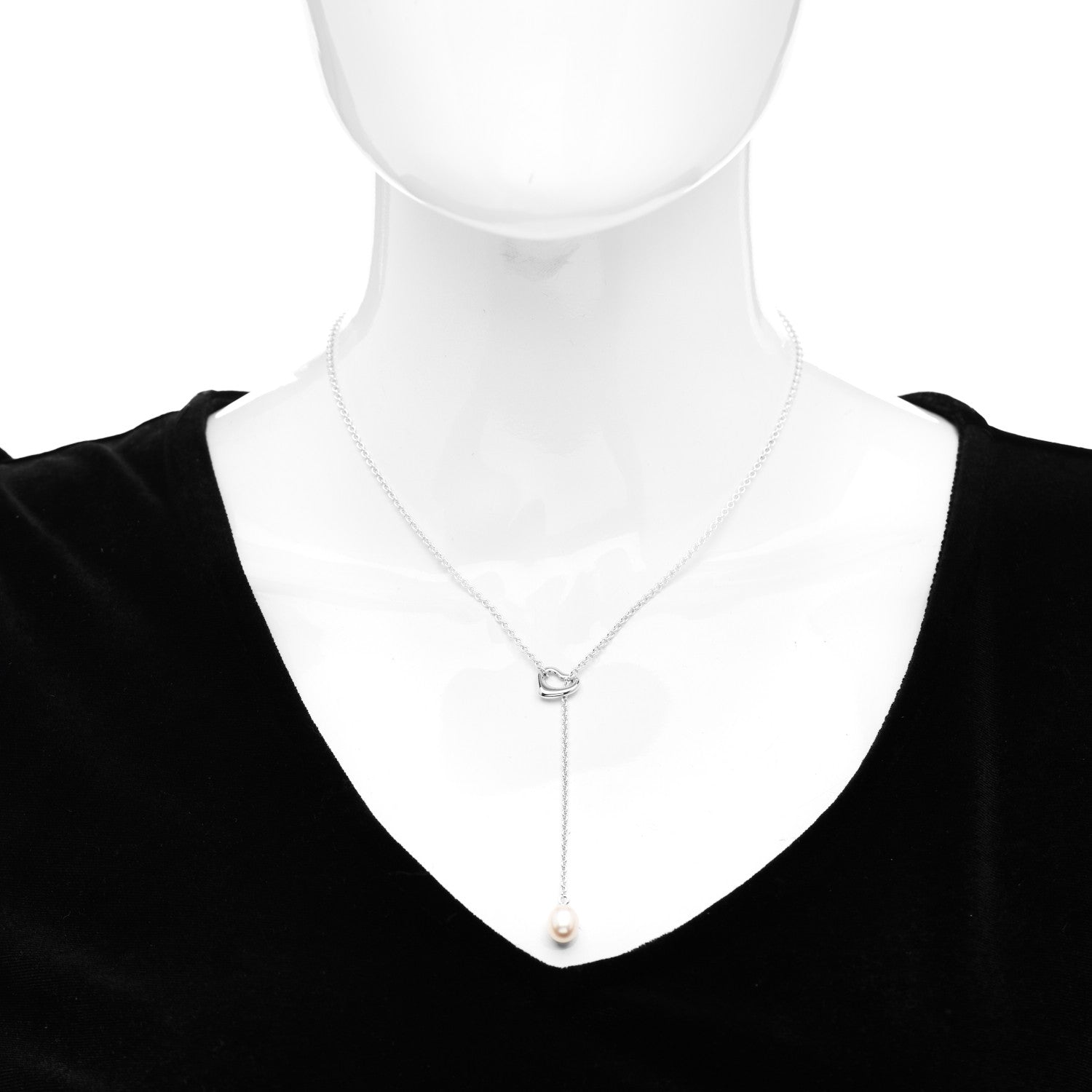 Tiffany Sterling Silver Pearl 7.5-8mm Elsa Peretti Open Heart Lariat Necklace 2 of 4