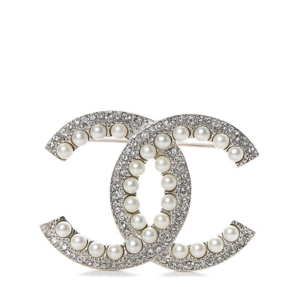Chanel Pearl Crystal CC Brooch Silver 1 of 5