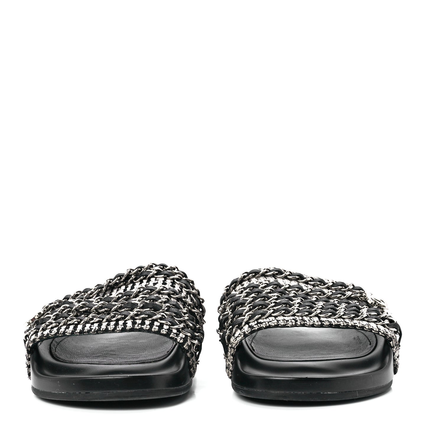 Tweed Lambskin Chain Flat Sandals 37 Black Multicolor