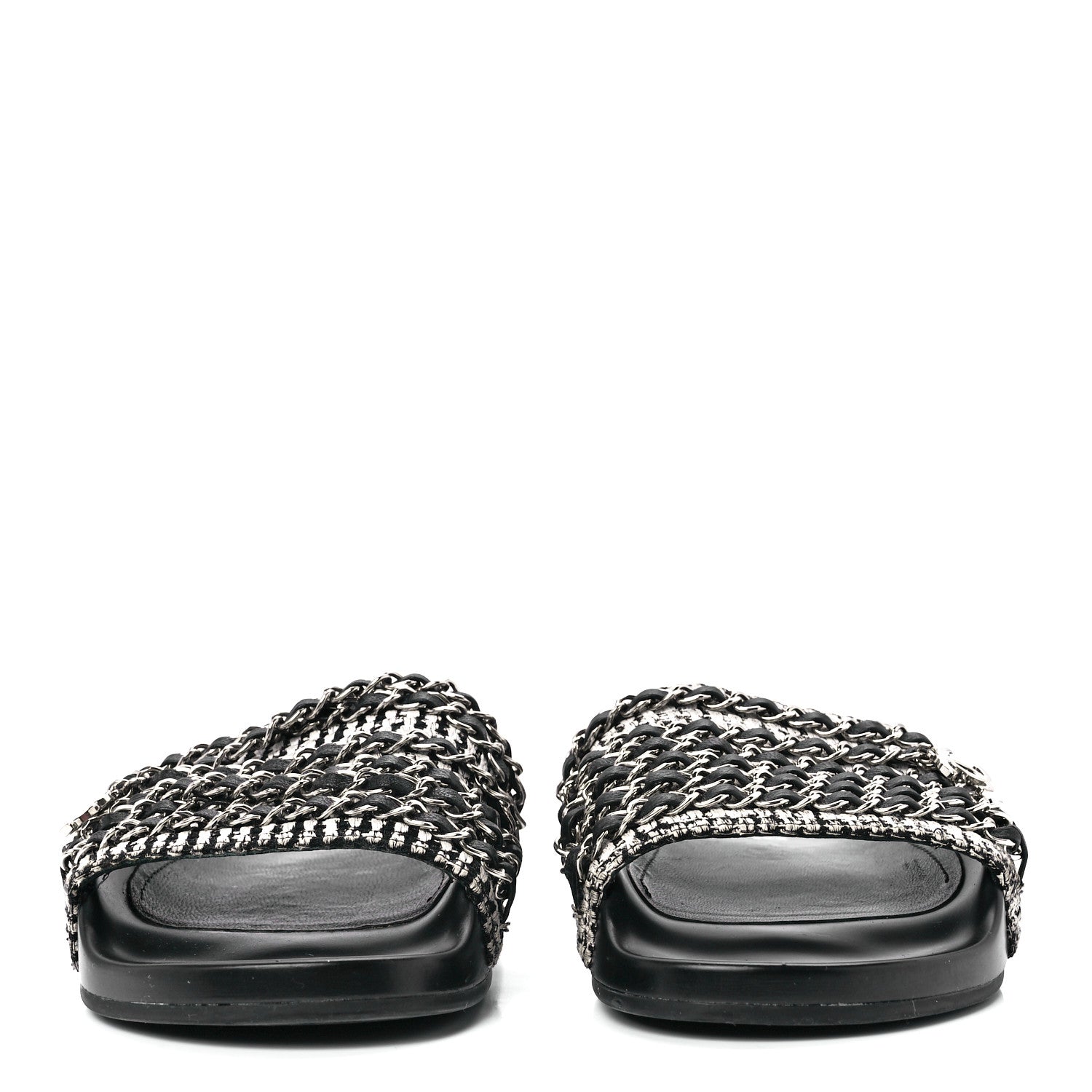 Chanel Tweed Lambskin Chain Flat Sandals 37 Black Multicolor 2 of 8