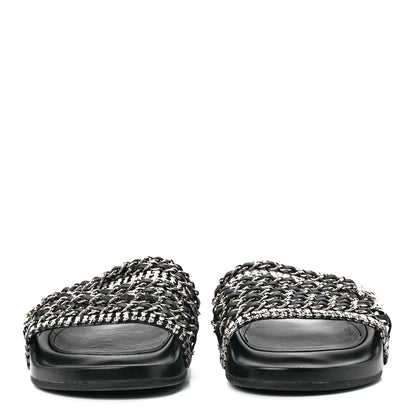 Chanel Tweed Lambskin Chain Flat Sandals 37 Black Multicolor 2 of 8