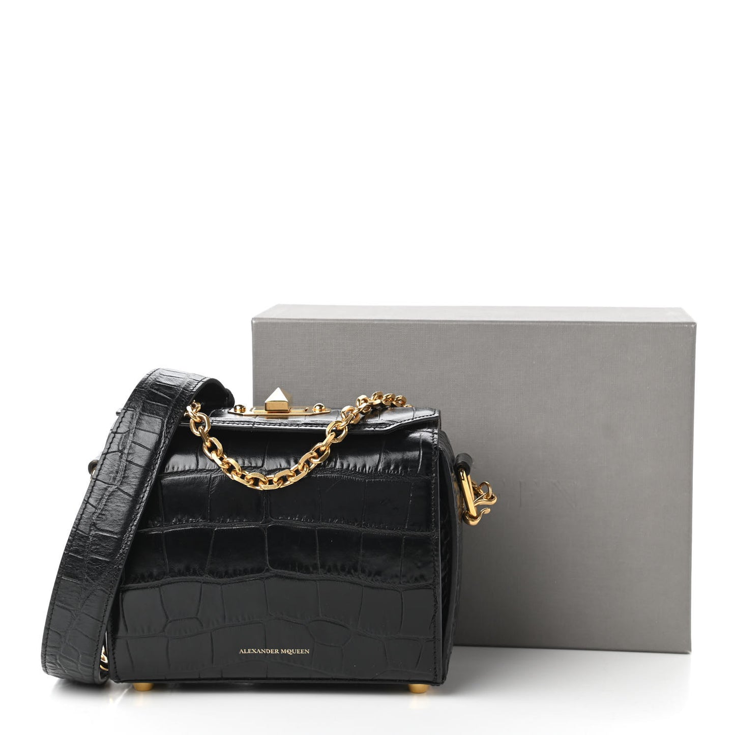 Calfskin Crocodile Embossed Box Shoulder Bag 19 Black