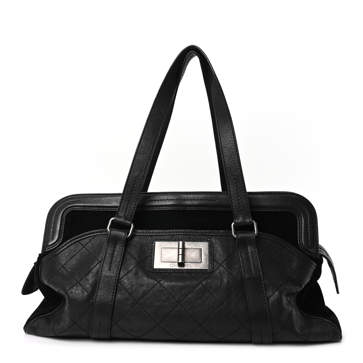 Chanel Calfskin Terrycloth Quilted Large Reissue Bowling Bag Tote Black 1 of 9