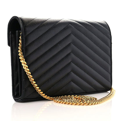 Saint Laurent Grain De Poudre Matelasse Chevron Monogram Chain Wallet Black 3 of 17