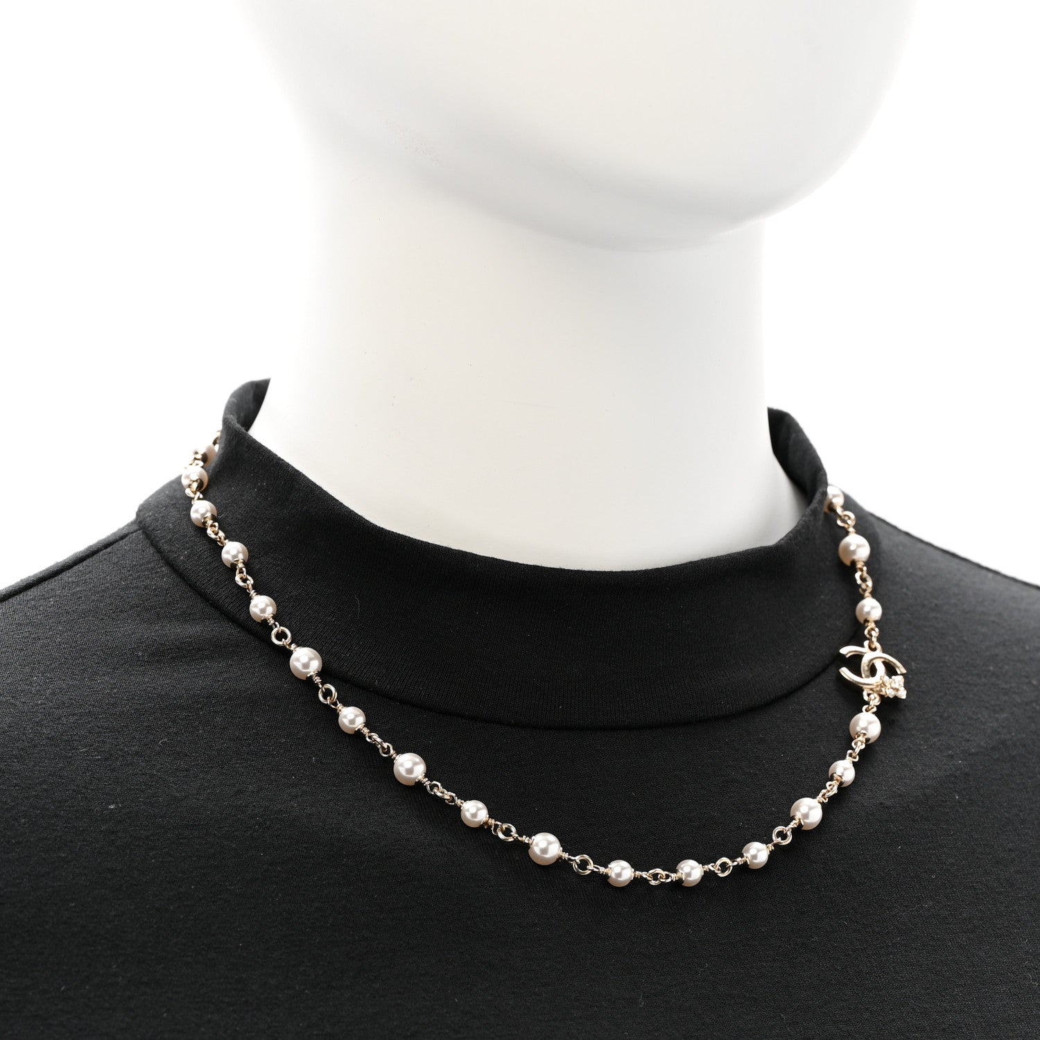 Chanel Pearl Crystal CC Flower Necklace Pearly White Light Gold 2 of 5