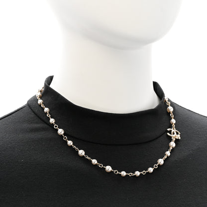 Chanel Pearl Crystal CC Flower Necklace Pearly White Light Gold 2 of 5