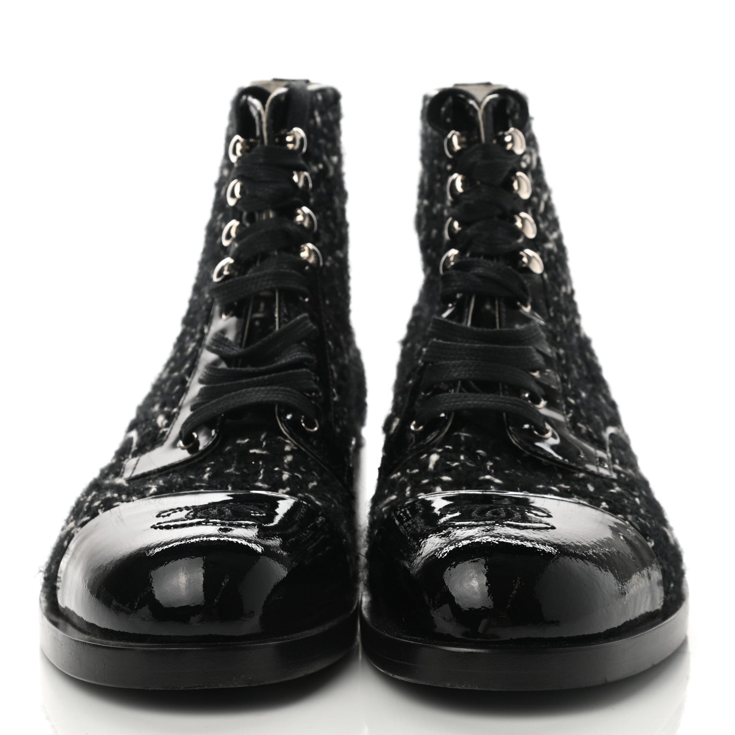 Chanel Tweed Calfskin Patent CC Lace Up Boots 38 Black White 2 of 8
