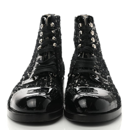 Chanel Tweed Calfskin Patent CC Lace Up Boots 38 Black White 2 of 8