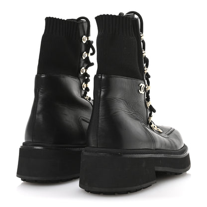 Chanel Calfskin Knit Lace Up Combat Boots 37.5 Black 5 of 8