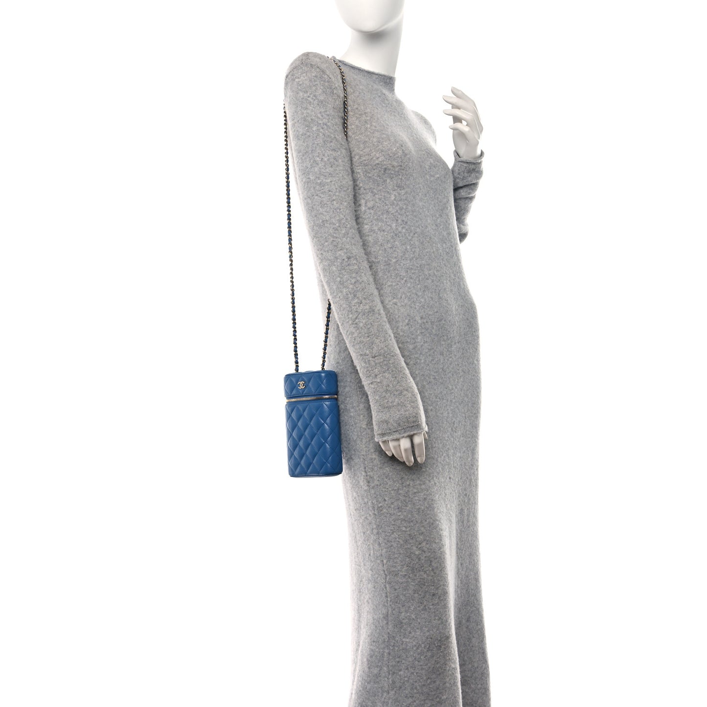 Caviar Quilted Phone Holder With Chain Blue