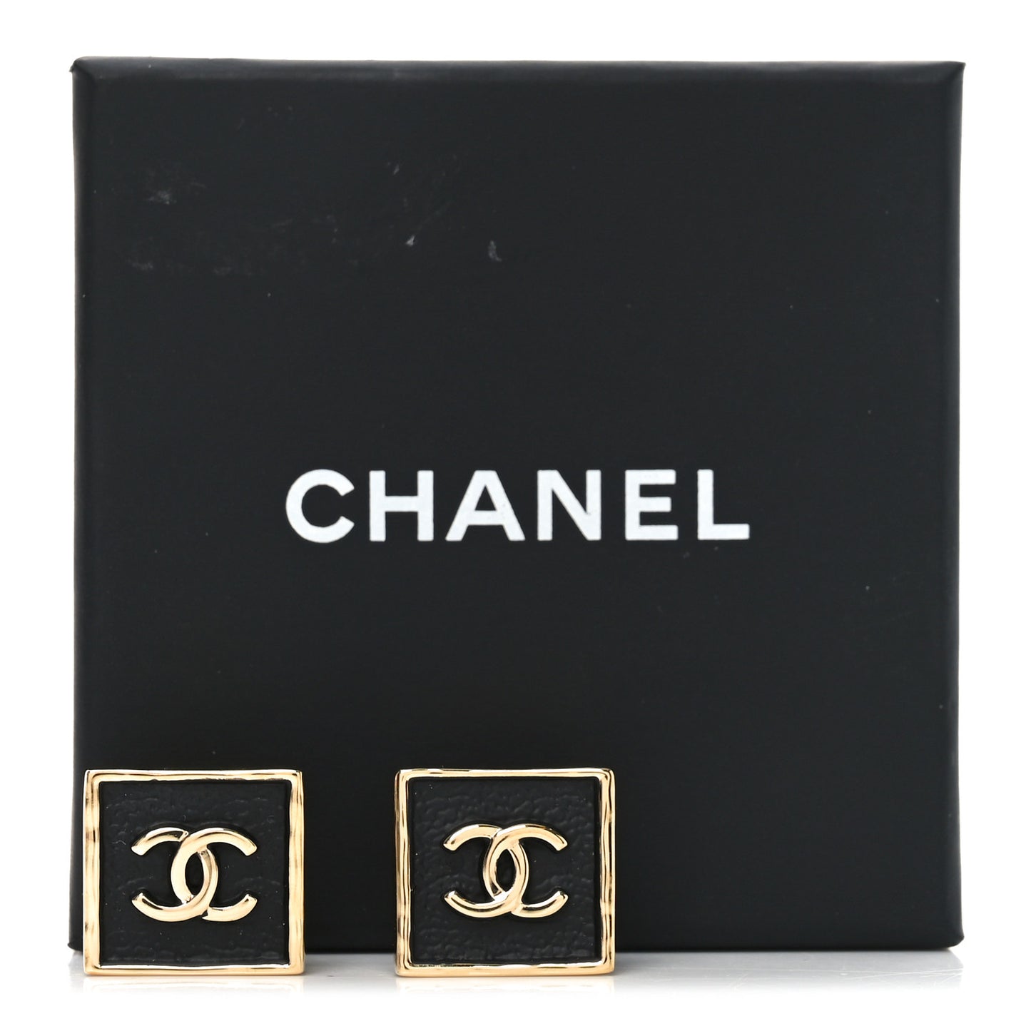 Metal Enamel CC Square Earrings Gold Black