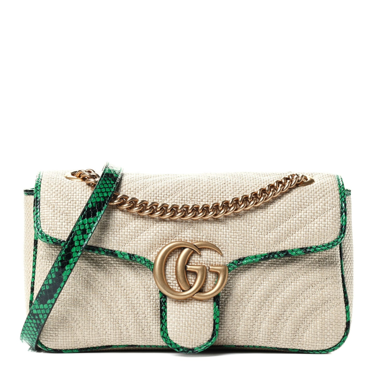 Raffia Elaphe Matelasse Small GG Marmont Shoulder Bag Natural New Shamarock