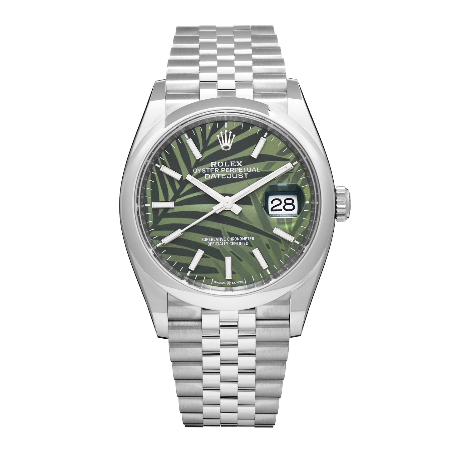 Stainless Steel 36mm Oyster Perpetual Datejust Watch Olive Green Palm 126200