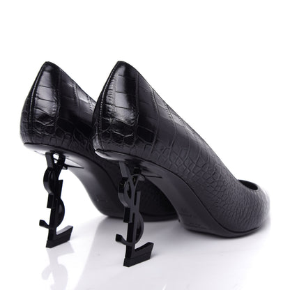 Saint Laurent Calfskin Crocodile Embossed Opyum Pumps 38 Black 4 of 11
