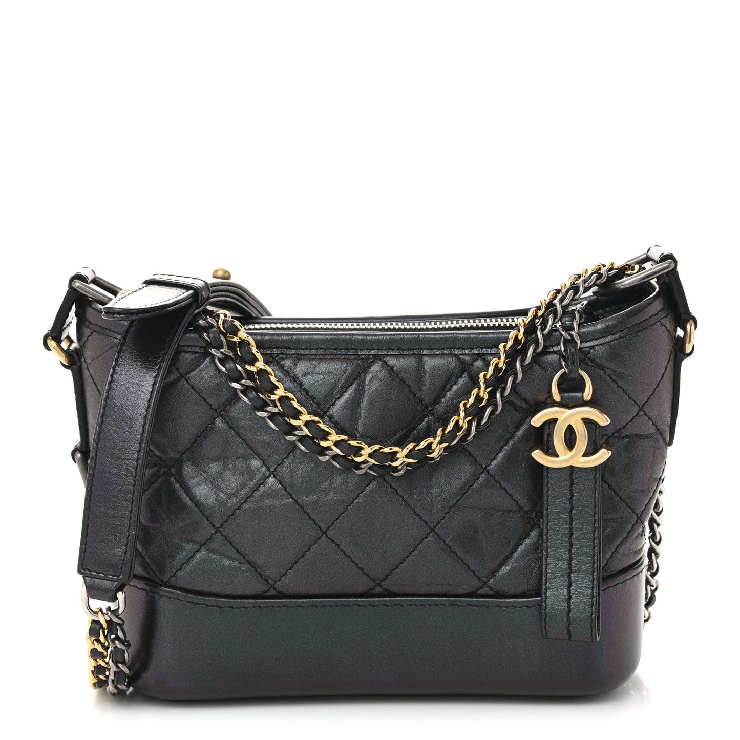 Iridescent Aged Calfskin Quilted Small Gabrielle Hobo Black
