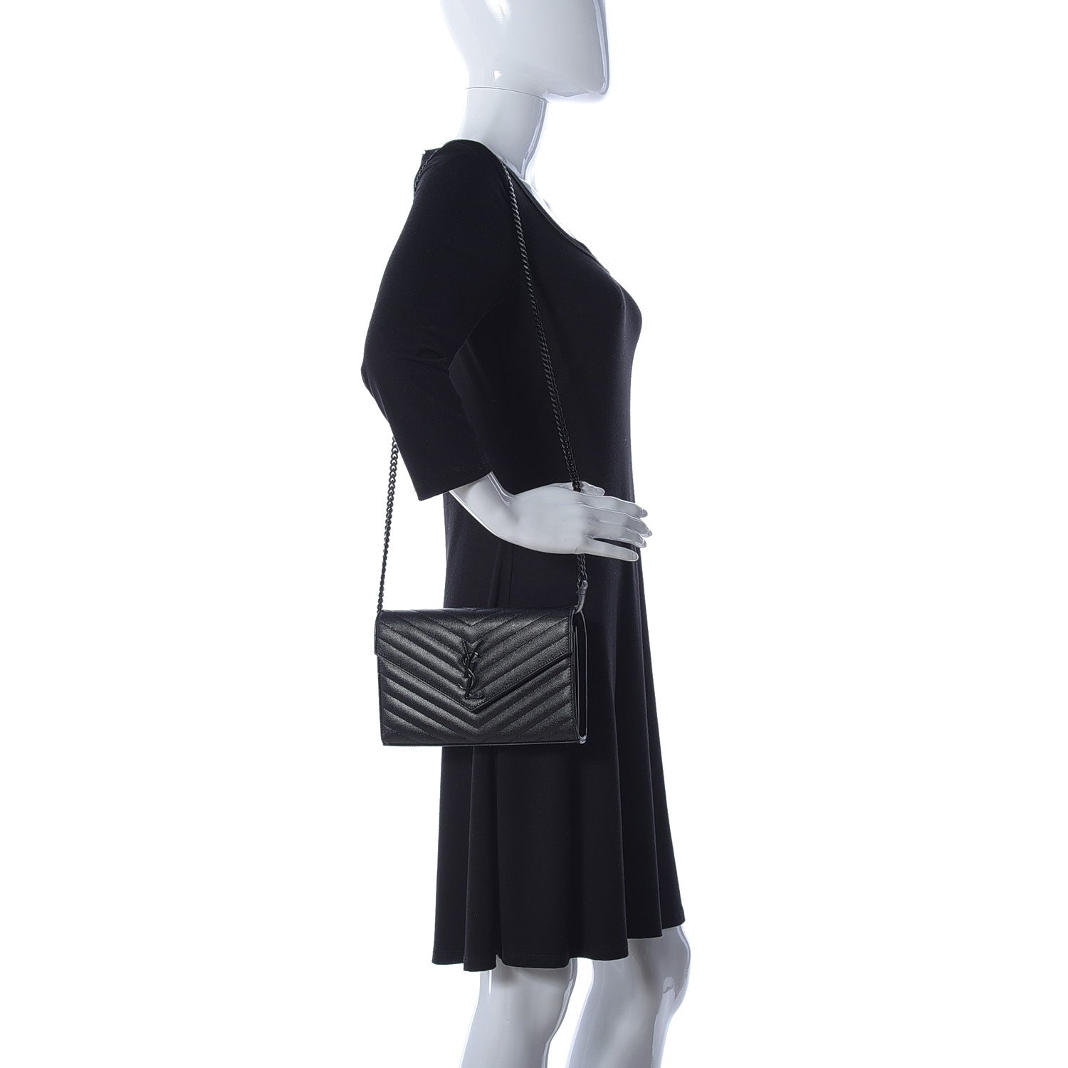 Saint Laurent Grain De Poudre Matelasse Chevron Monogram Chain Wallet Black 2 of 8
