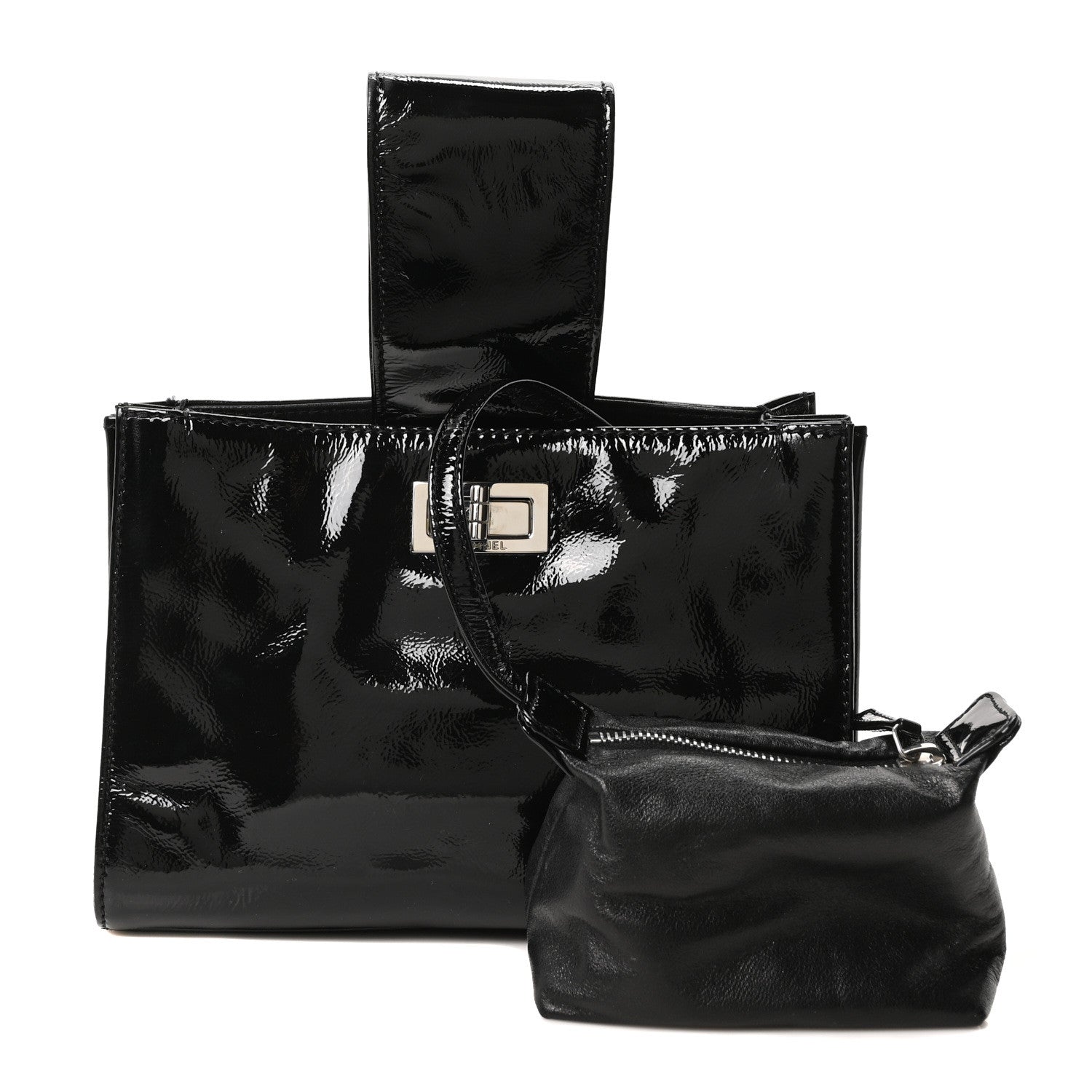 Chanel Patent Mademoiselle Lock Convertible Wrist Clutch Bag Black