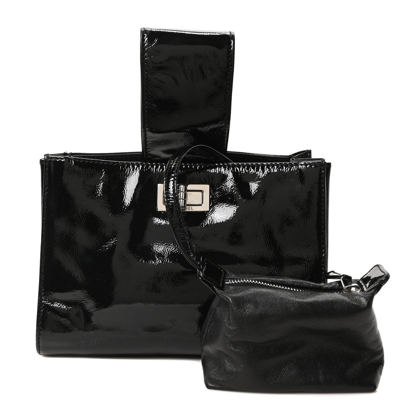Patent Mademoiselle Lock Convertible Wrist Clutch Bag Black
