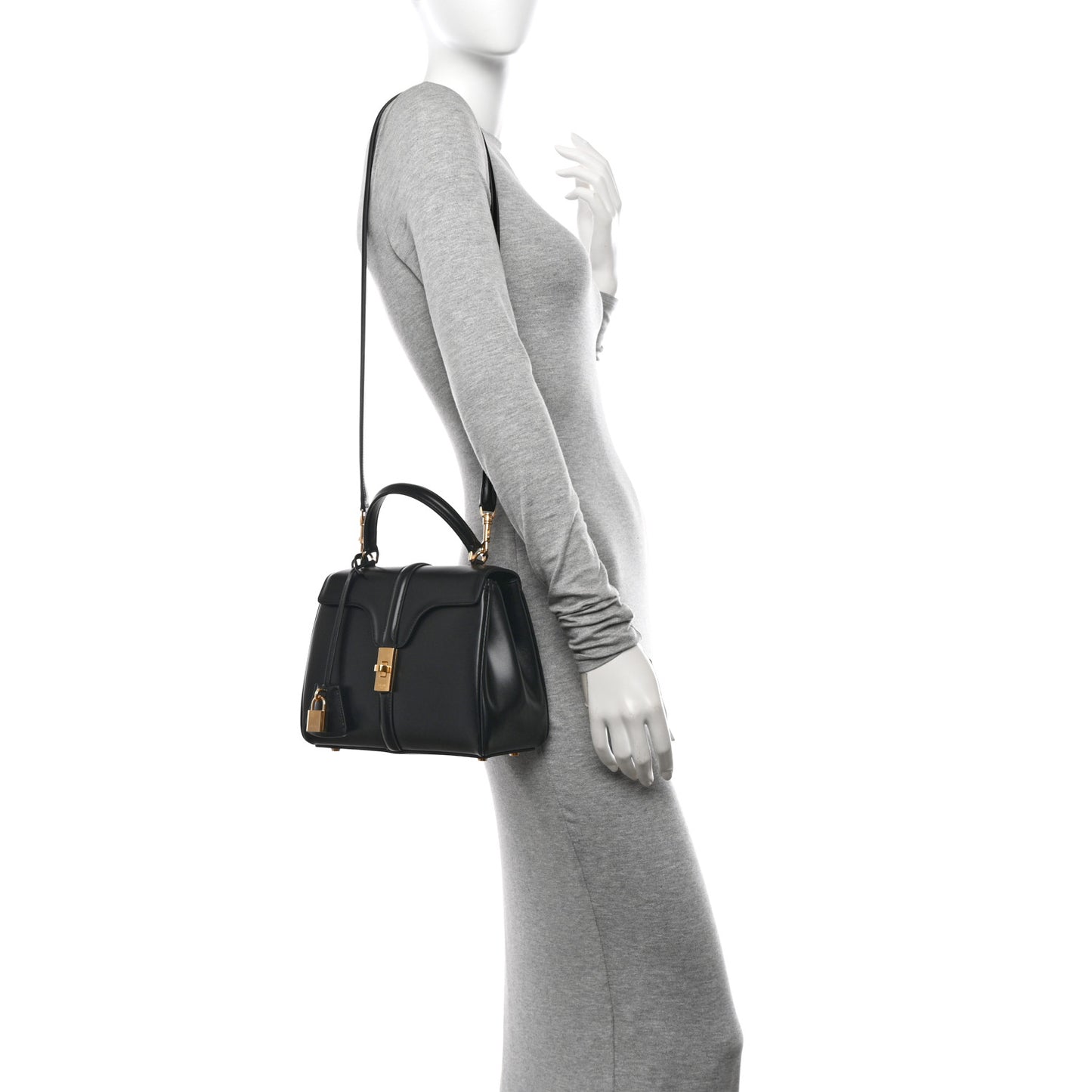 Satinated Calfskin Small 16 Top Handle Bag Black
