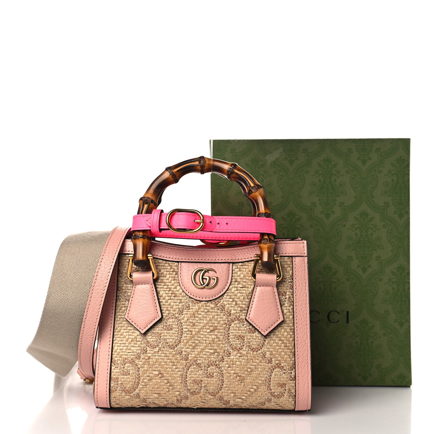 Raffia Textured Dollar Calfskin GG Monogram Mini Diana Tote Bag Wild Rose Fuxia Fluo