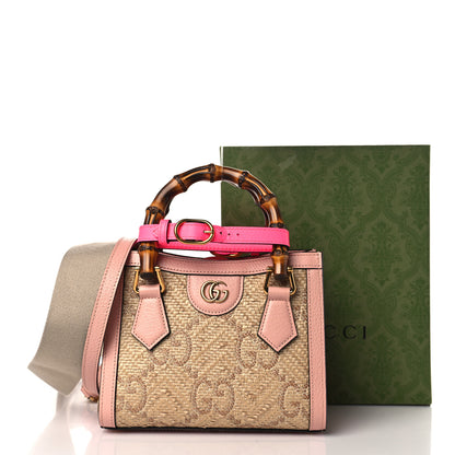 Gucci Raffia Textured Dollar Calfskin GG Monogram Mini Diana Tote Bag Wild Rose Fuxia Fluo 10 of 10