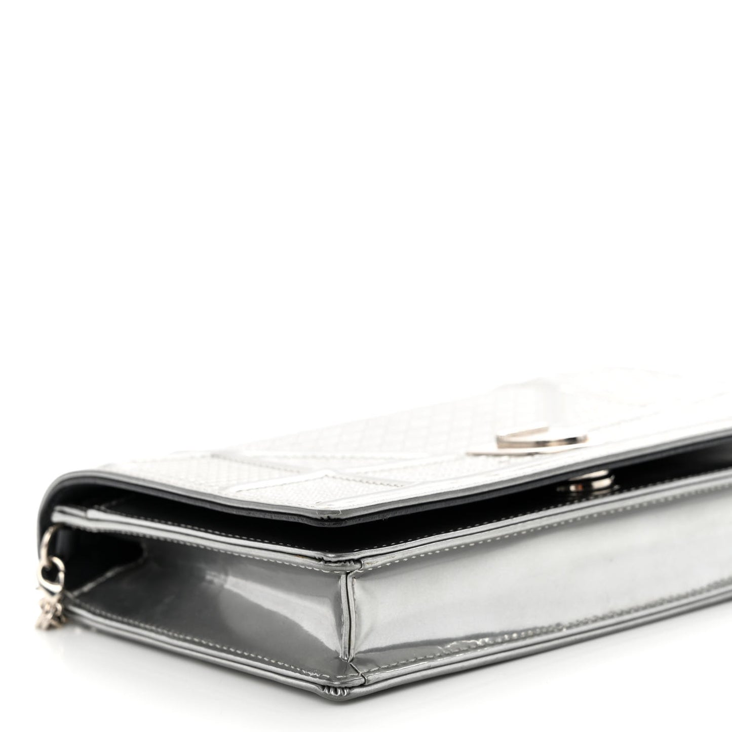 Metallic Patent Micro-Cannage Diorama Wallet on Chain Pouch Silver