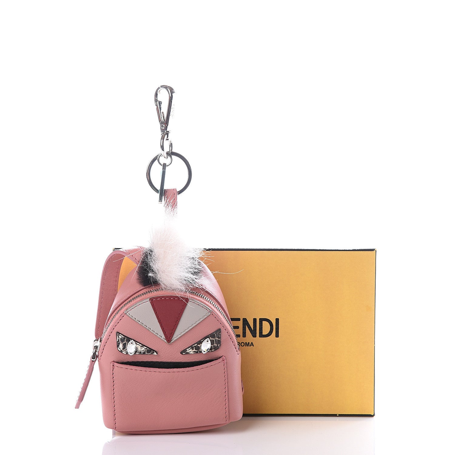 Fendi Vitello Dolce Elaphe Crystal Nutria Fox Fur Monster Eyes Mini Backpack Charm Bois de Rose Black Multicolor 12 of 12