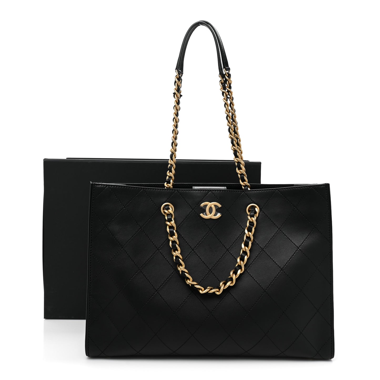 Calfskin Stitched Large Shopping Tote Black