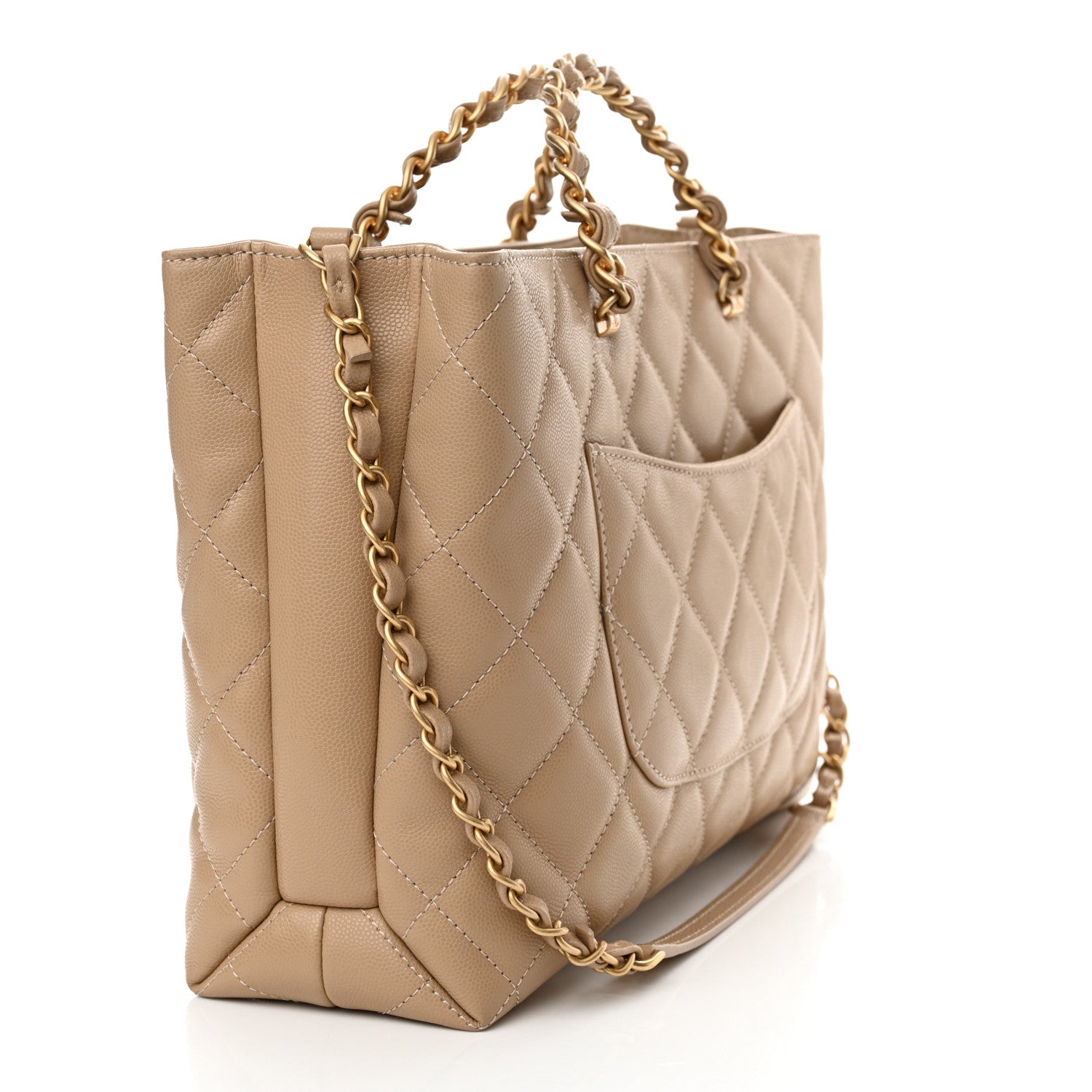 Chanel Shiny Caviar Quilted Chain Handle Shopping Tote Beige 3 of 10