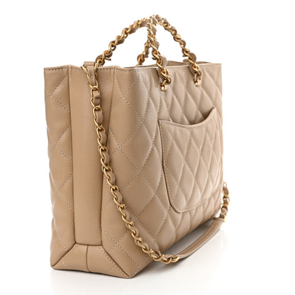 Chanel Shiny Caviar Quilted Chain Handle Shopping Tote Beige 3 of 10