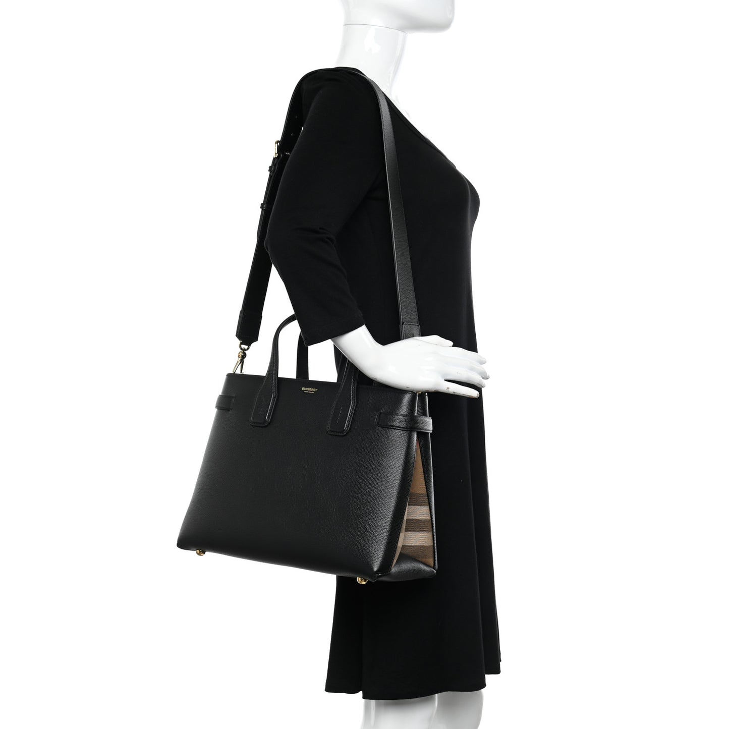 Grainy Calfskin House Check Medium Banner Tote Black