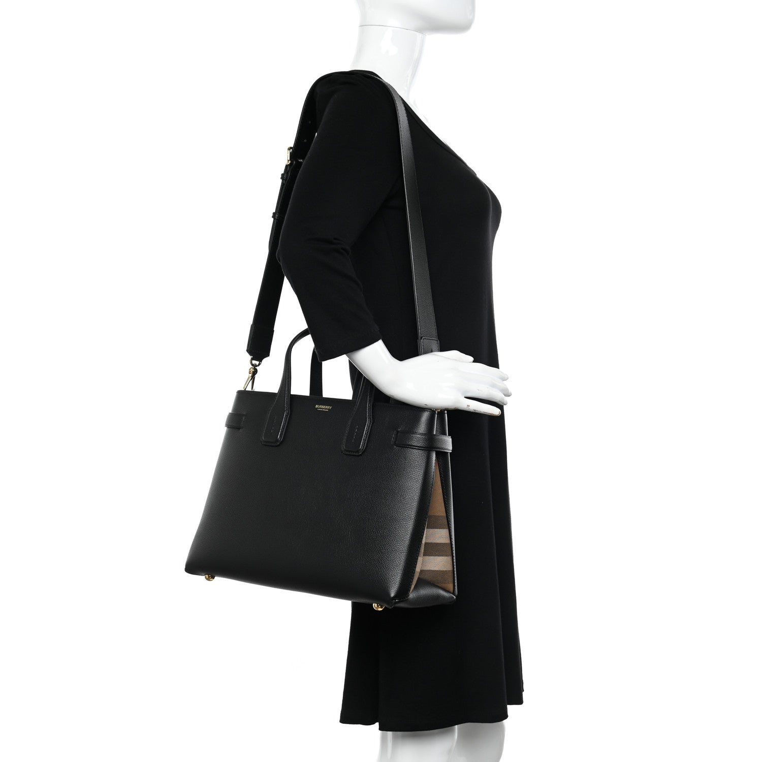 Burberry Grainy Calfskin House Check Medium Banner Tote Black 2 of 13