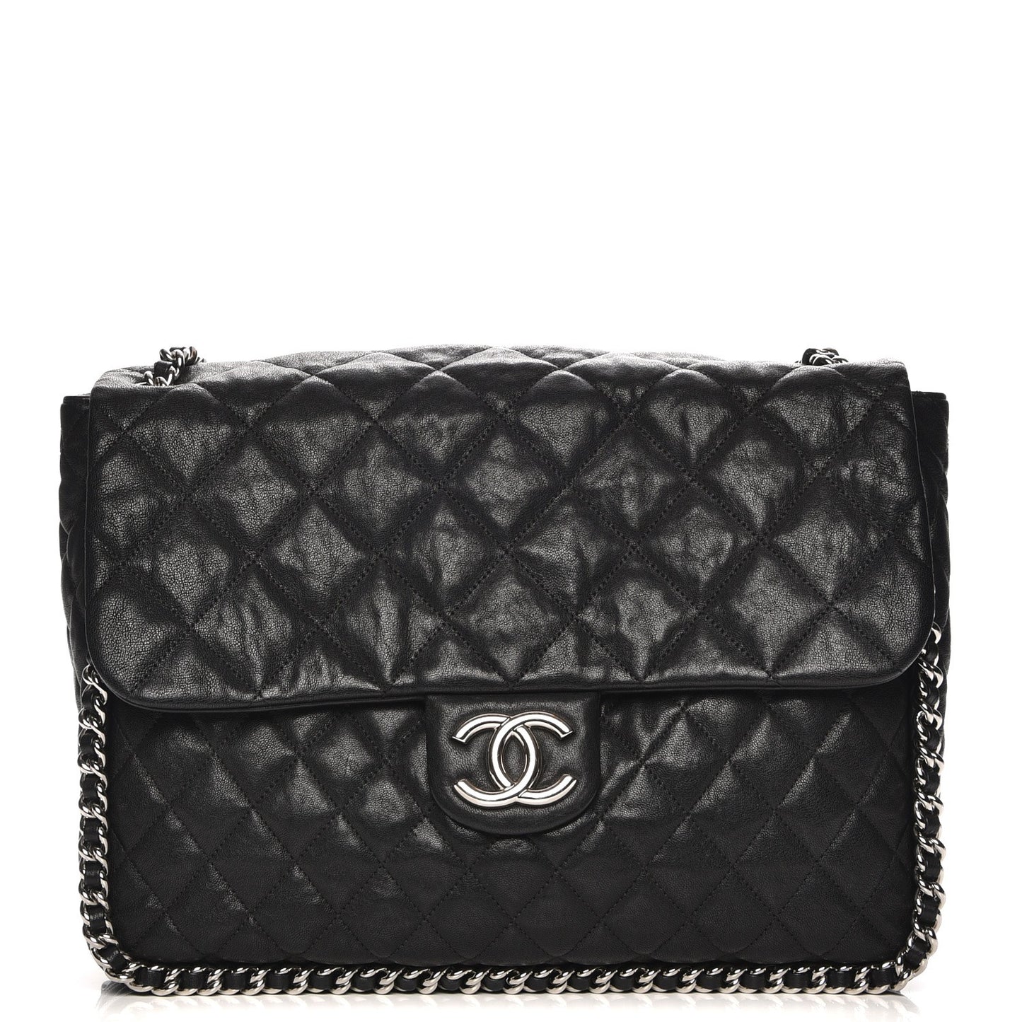 Washed Lambskin Quilted Maxi Chain Around Flap Black