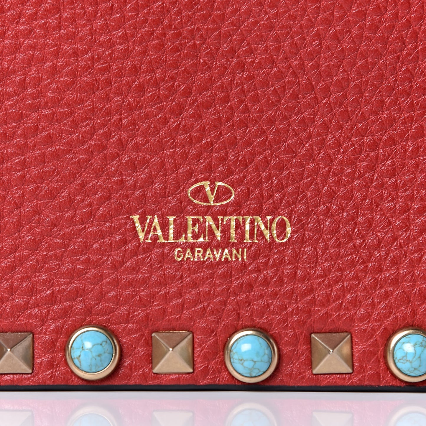 Grained Calfskin Turquoise Small Rockstud Rolling Wristlet Clutch Rosso Valentino
