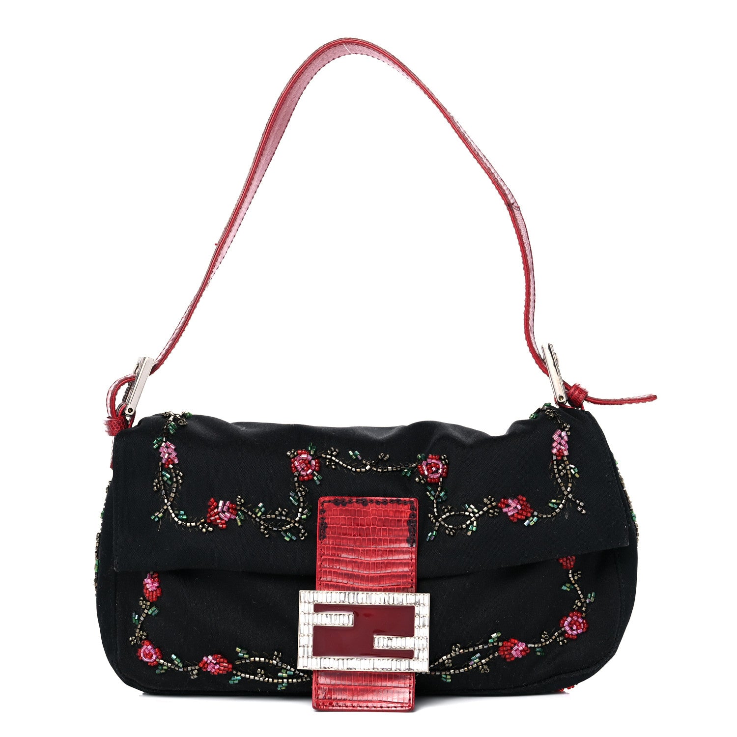 Fendi Satin Lizard Beaded Baguette Black 1 of 12