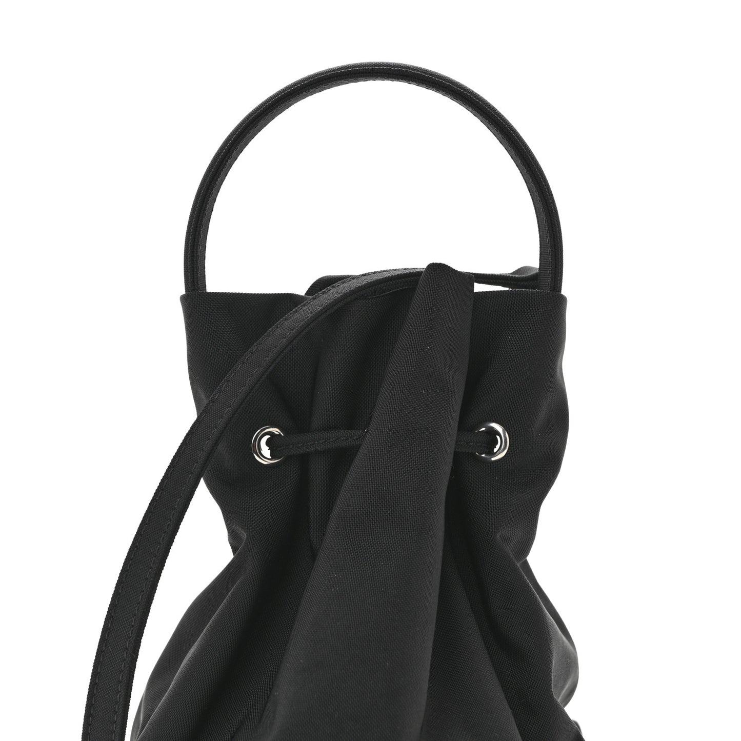 Recycled Sport Nylon Logo Embroidered Wheel Drawstring Bucket Bag Black White Black White